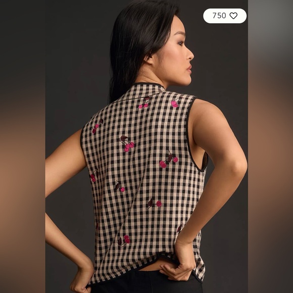Maeve Anthropologie Sweater Vest Women’s L Gingham Embroidered Cherries - Picture 6 of 14